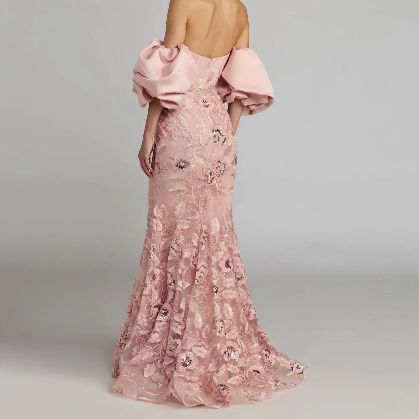 Strapless Dress with Detachable Puff Sleeves Embroidered Fishtail