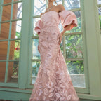 Strapless Dress with Detachable Puff Sleeves Embroidered Fishtail