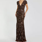 V Neck Short Sleeved Heavily Sequined Fishtail Dress