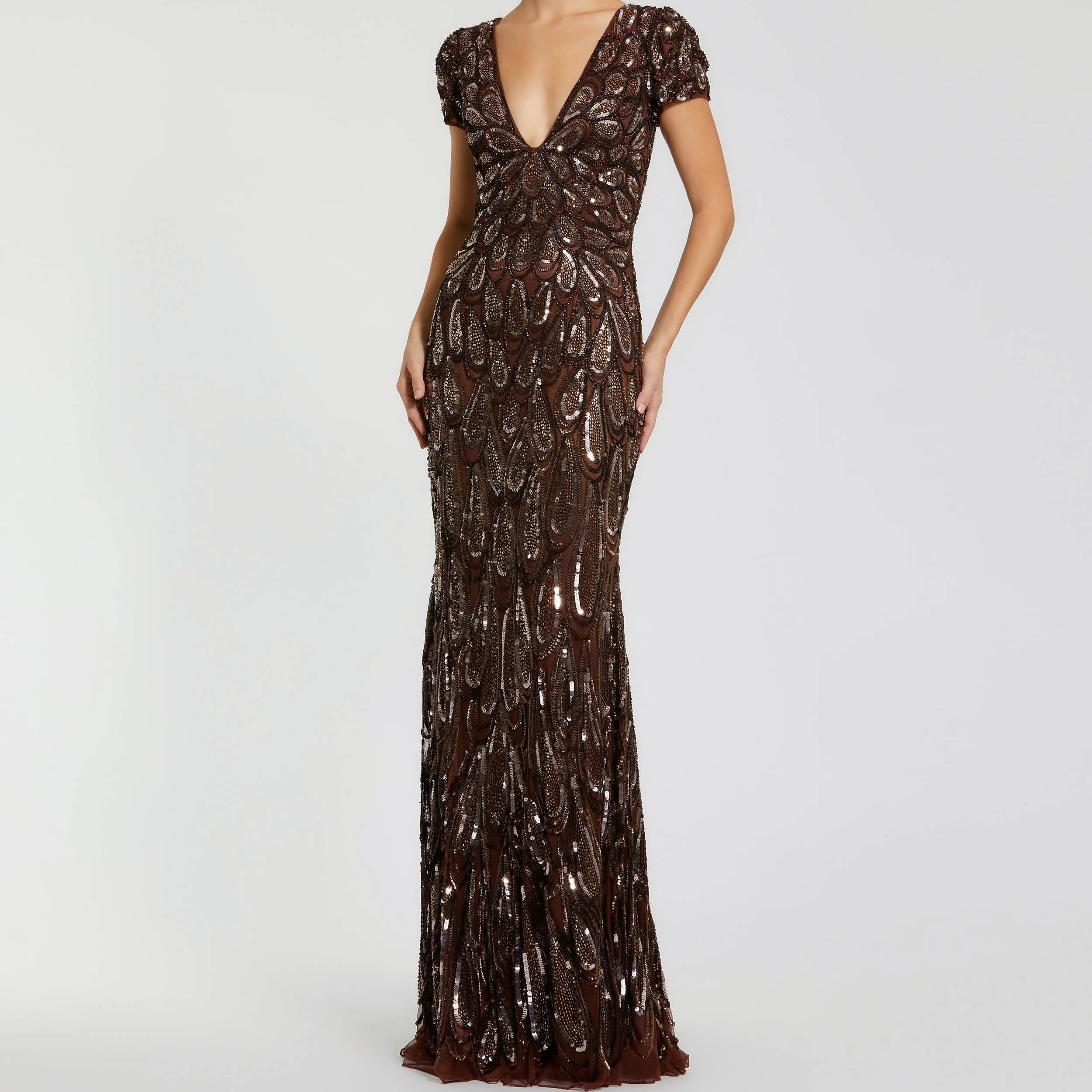 V Neck Short Sleeved Heavily Sequined Fishtail Dress