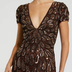 V Neck Short Sleeved Heavily Sequined Fishtail Dress