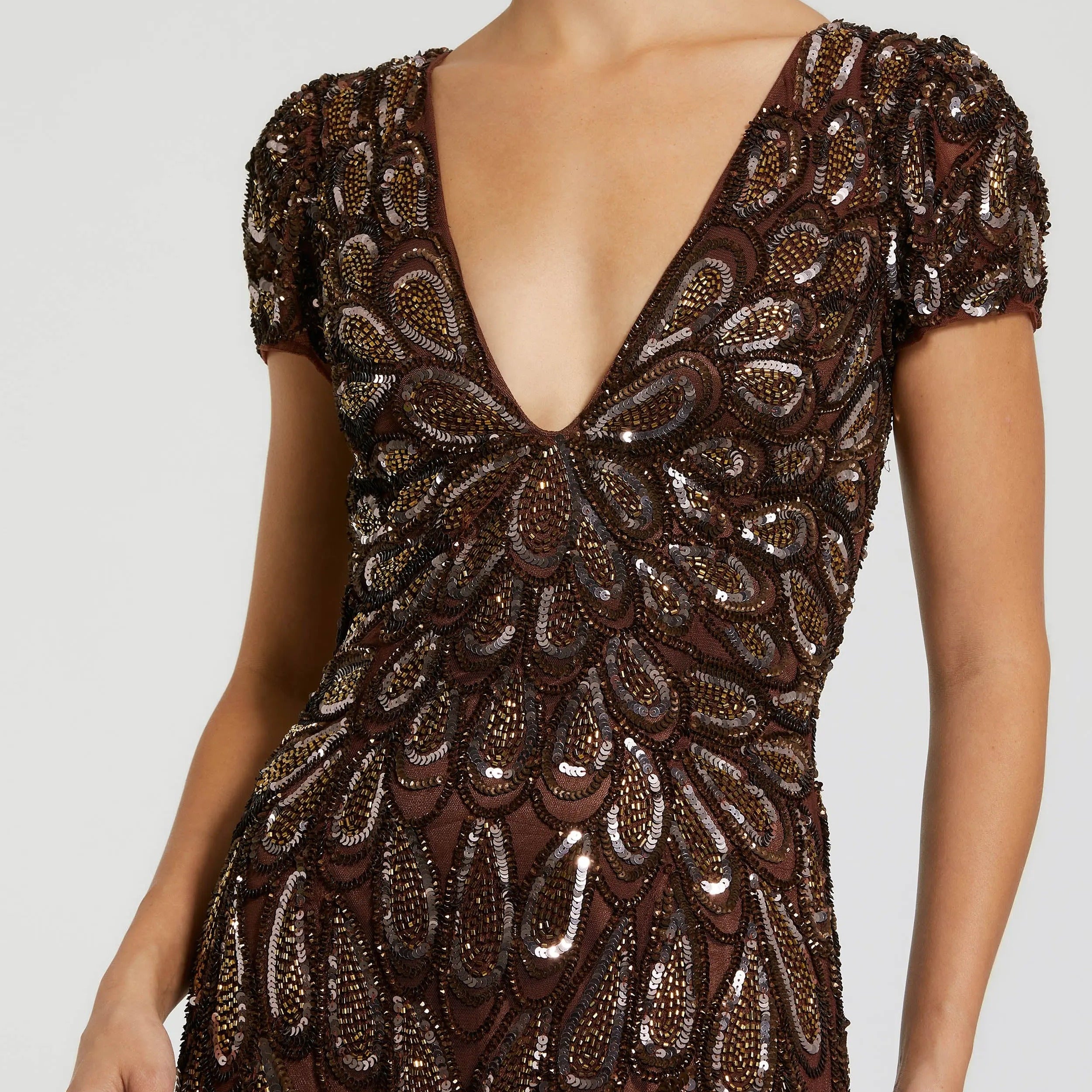 V Neck Short Sleeved Heavily Sequined Fishtail Dress