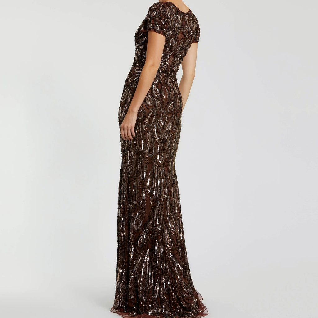 V Neck Short Sleeved Heavily Sequined Fishtail Dress
